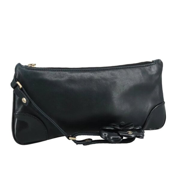 CHANEL Camelia Clutch Bag Lamb Skin Black Silver CC Auth 108816 - Picture 1 of 14